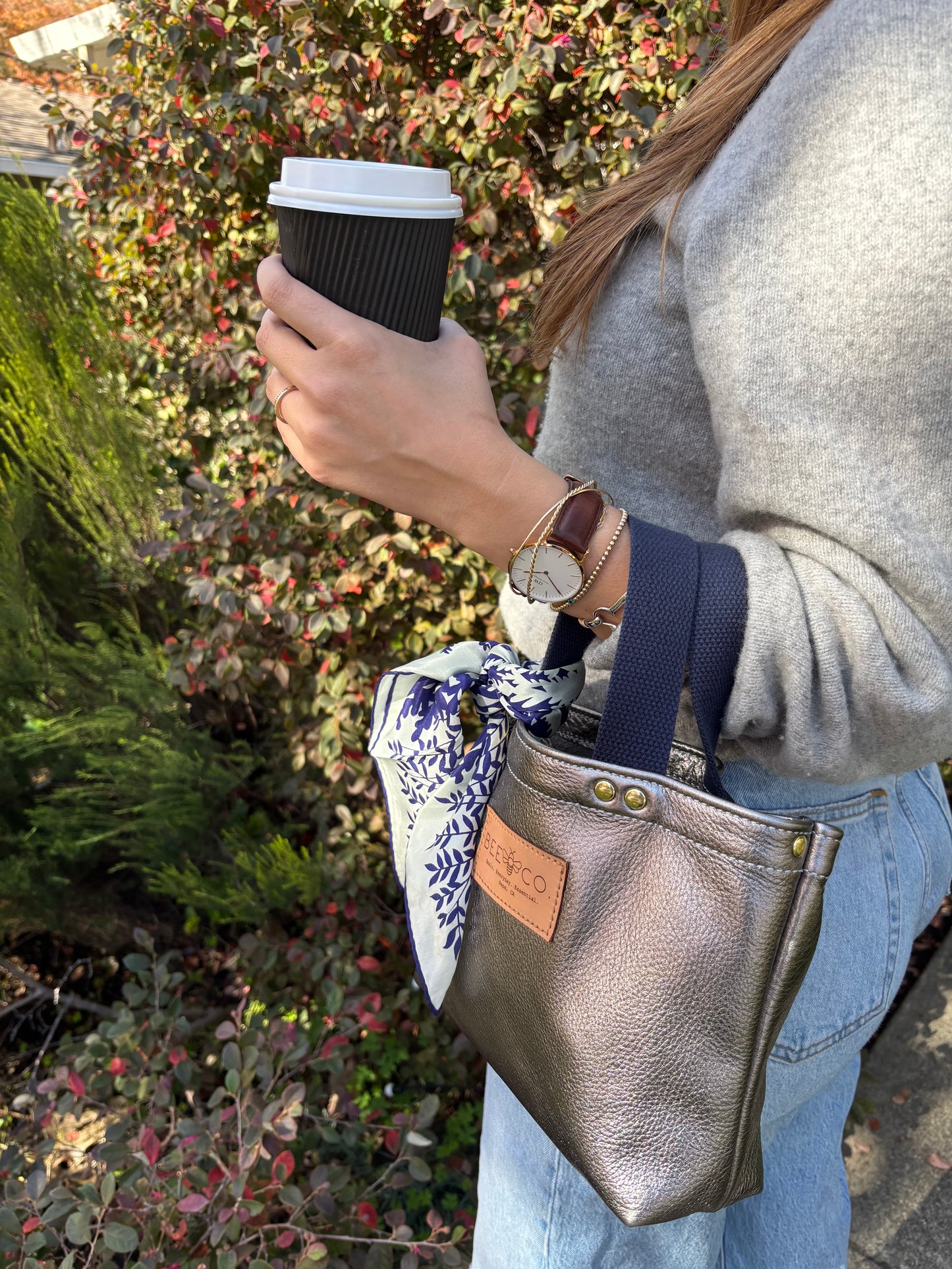 Micro Judy Tote Bag in metallic gunmetal